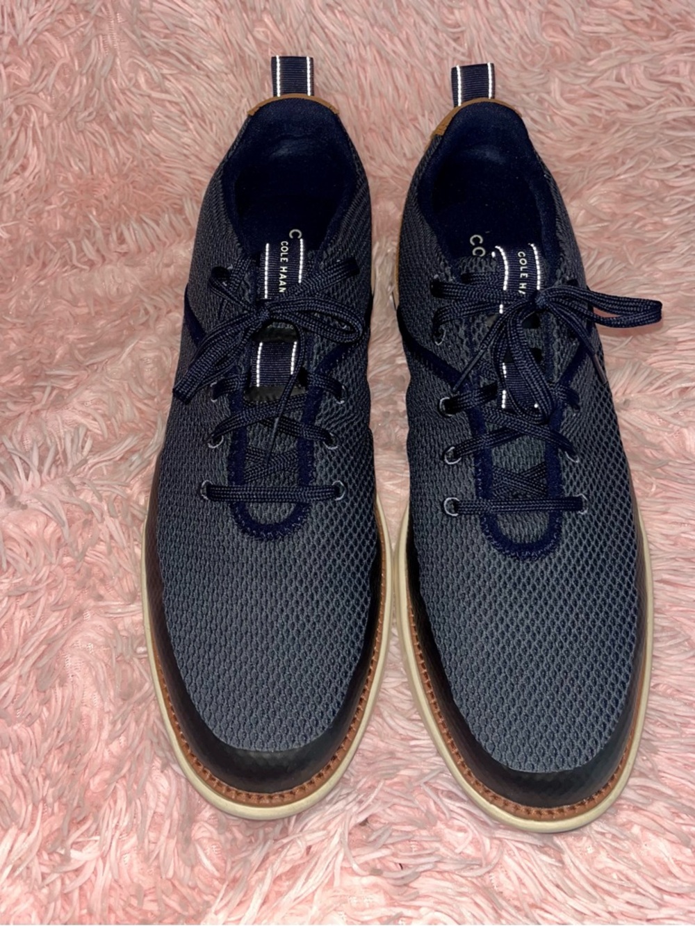 5/5 = $55!! Cole Haan Men’s Navy Knit Lace-Up Sneakers with Tan Trim